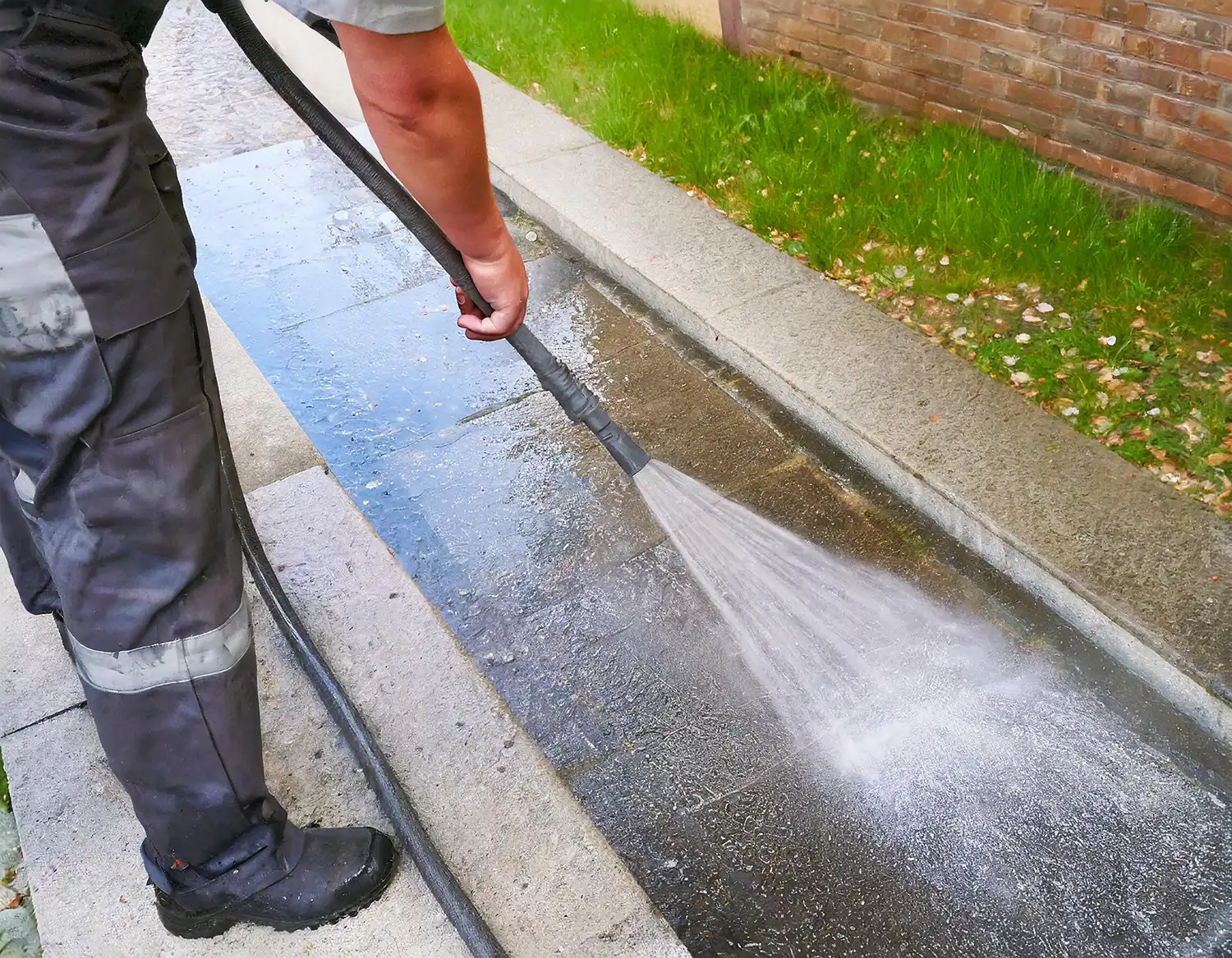 Pressure washing a garden path
